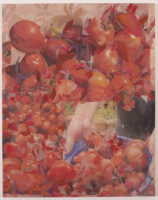 Tomatoes, 22" x 17", photocopy transfer, gouache, silk and wood frame, 2022